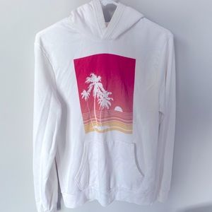 White hoodie sweatshirt with sunset palm tree logo
